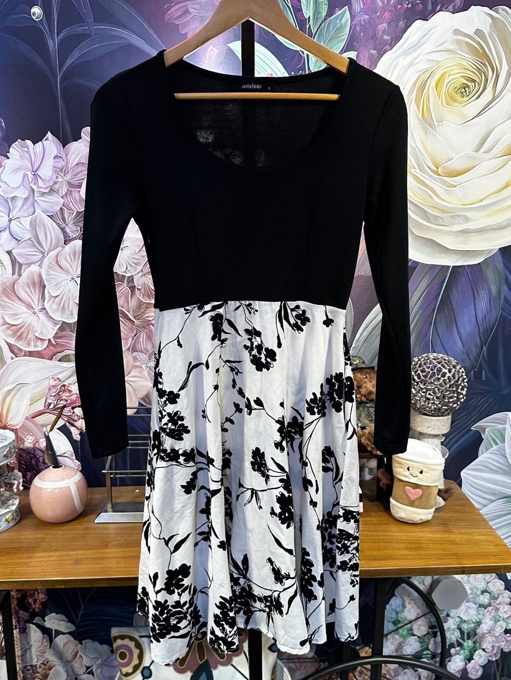 Mixfeer S Black White Floral Fit and Flare Dress Cottagecore Romantic Floral